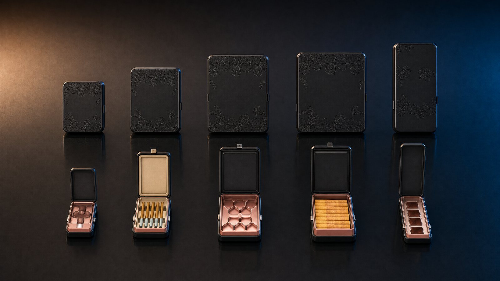 Five Flip Tin sizes, closed above and standing open below with pre-roll, chocolate and cartridge inserts