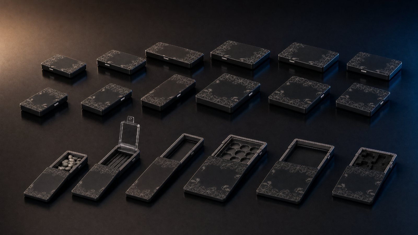 The Slider Tin range in three rows, closed above and open below showing the tray and its inserts