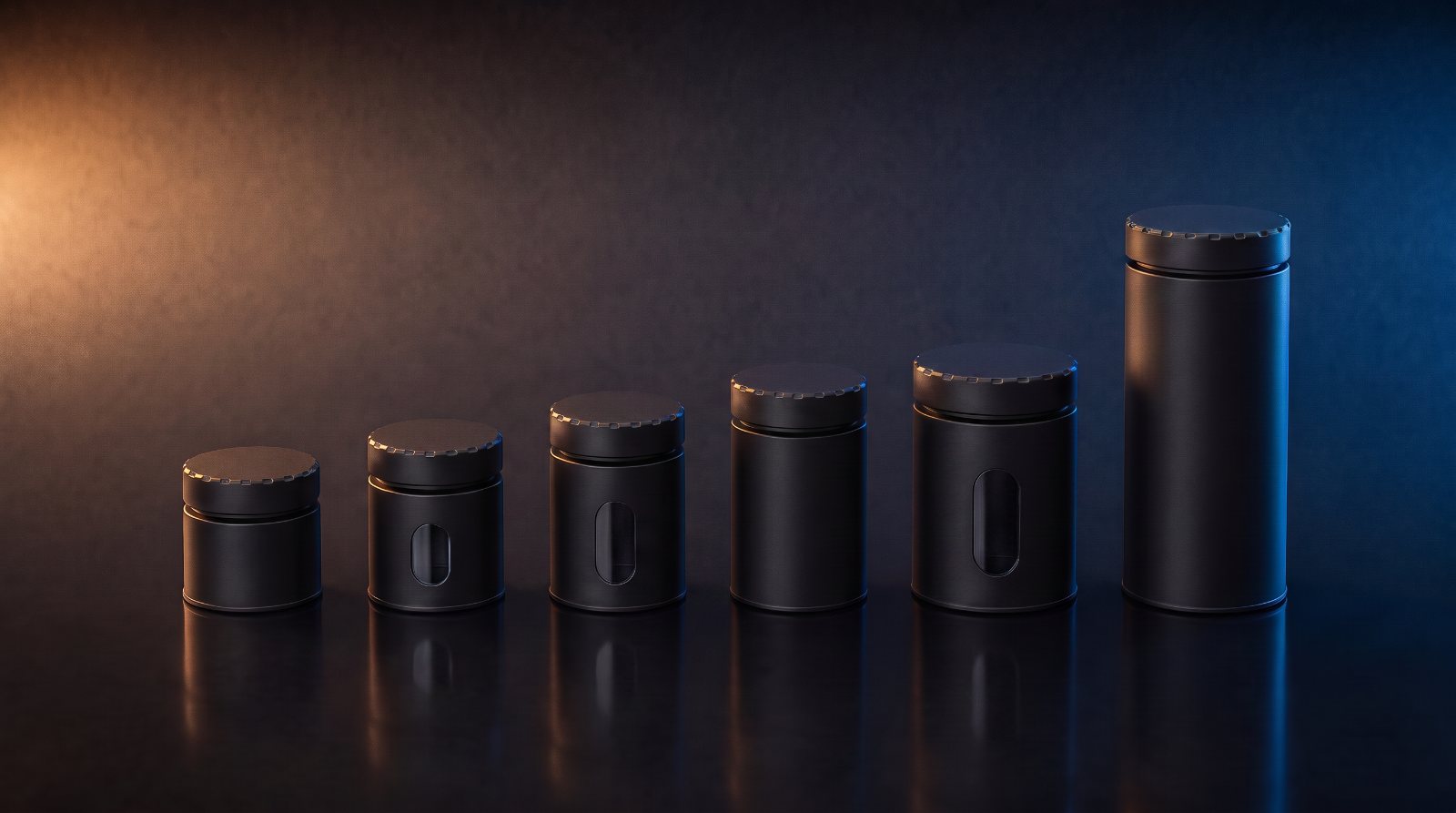 Six Spring Lock Tin sizes standing in a row, shortest to tallest, with knurled lids