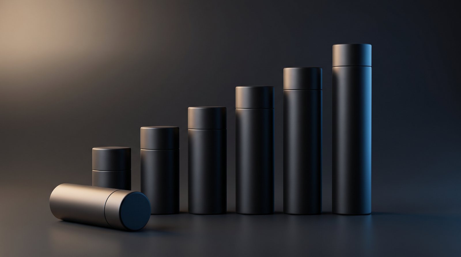 Six Tin Tube sizes standing in a row, shortest to tallest, with one lying open in front